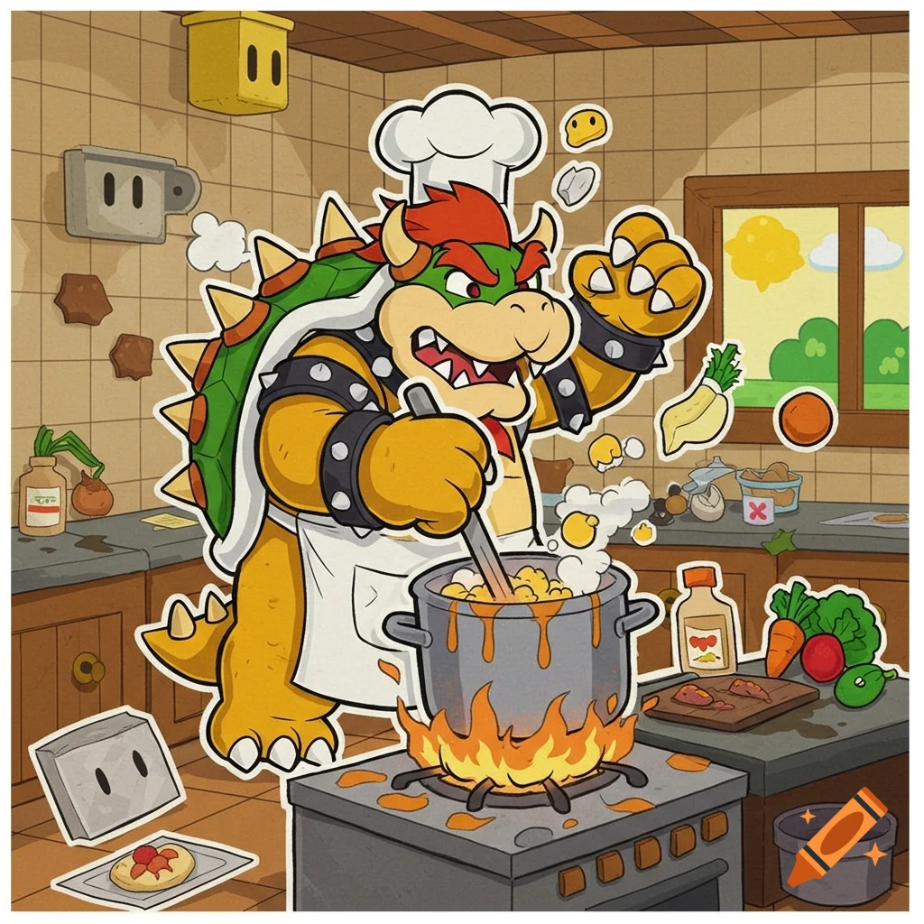 Bowser in Paper Mario style, wearing a chef's hat and apron, intensely stirs a bubbling pot in a chaotic kitchen with spilled ingredients.
