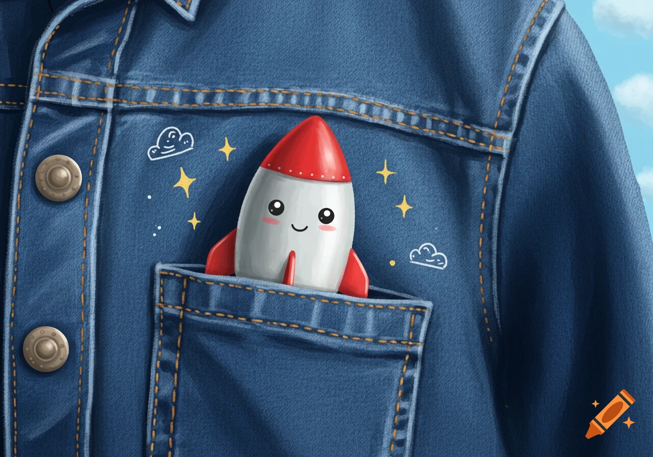 A cute, smiling cartoon rocket peeks out from the chest pocket of a blue denim jacket, with white doodle stars and clouds around it.