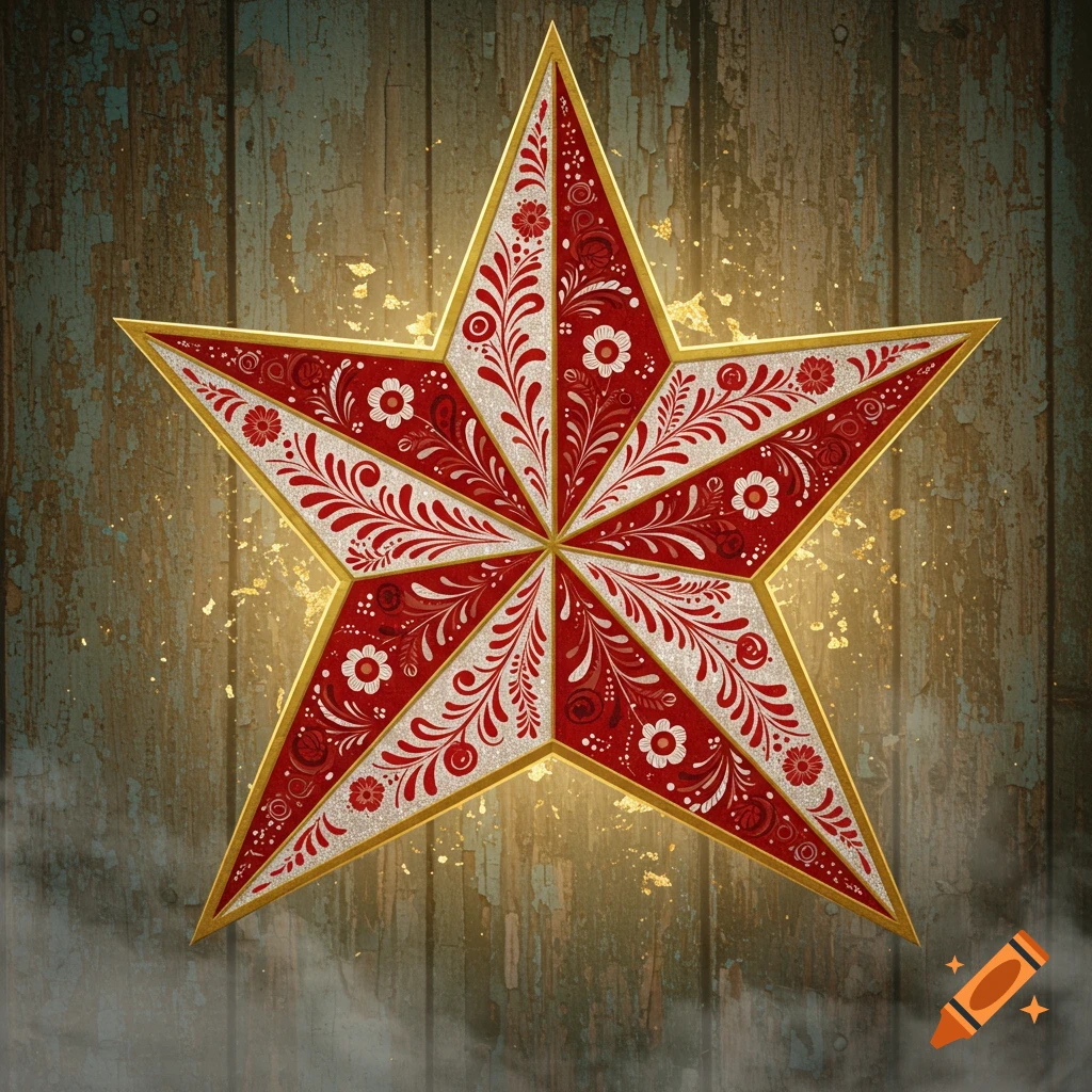 A decorative five-point star with intricate red and white floral patterns, outlined in gold, against a rustic wooden background with a warm glow.
