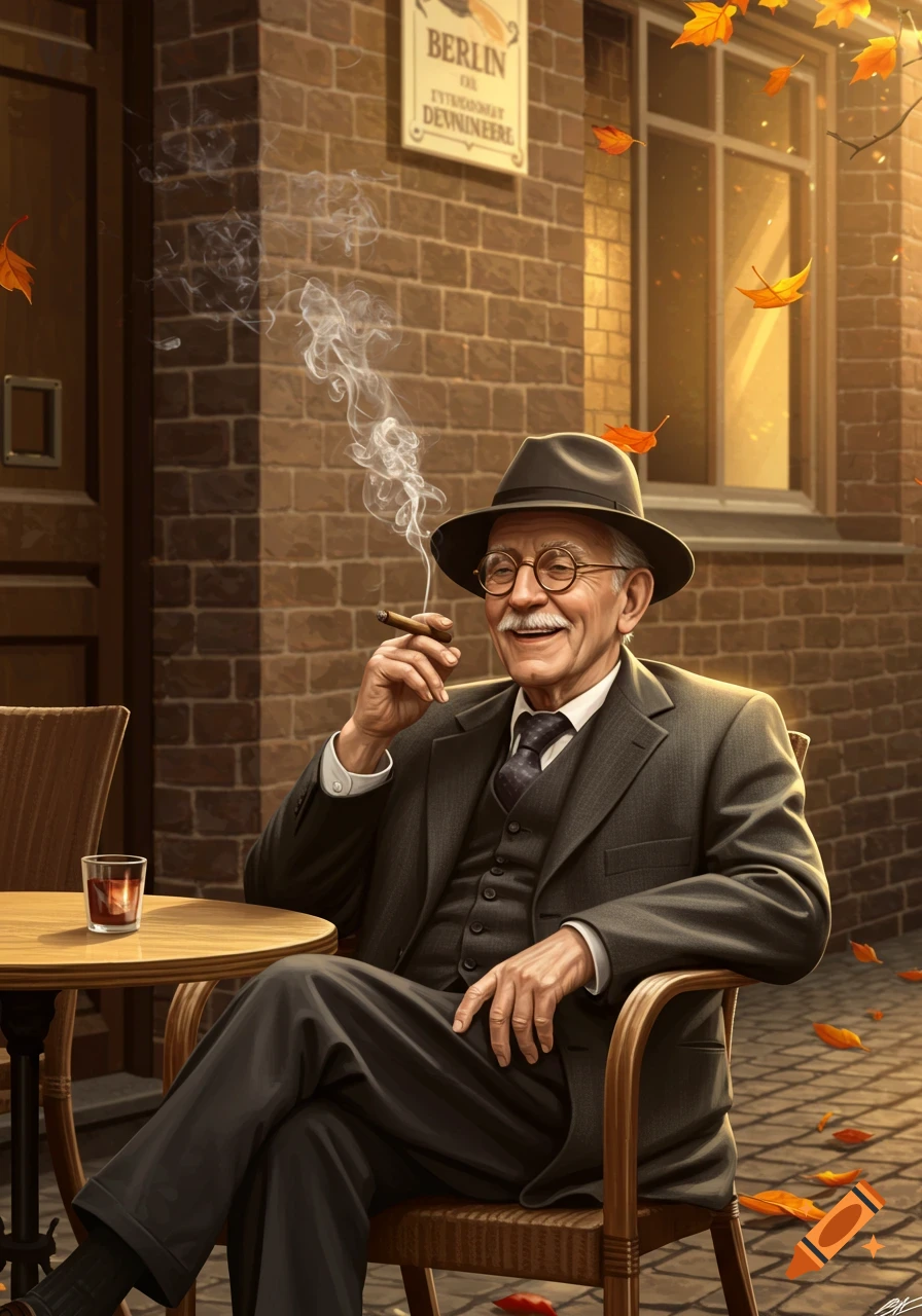 An old man in a suit and fedora smiles while smoking a cigar at an outdoor cafe in autumn.