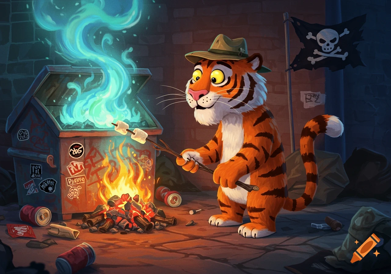 A cartoon tiger wearing a hat toasts marshmallows over a burning dumpster, with a skull and crossbones flag in the background.