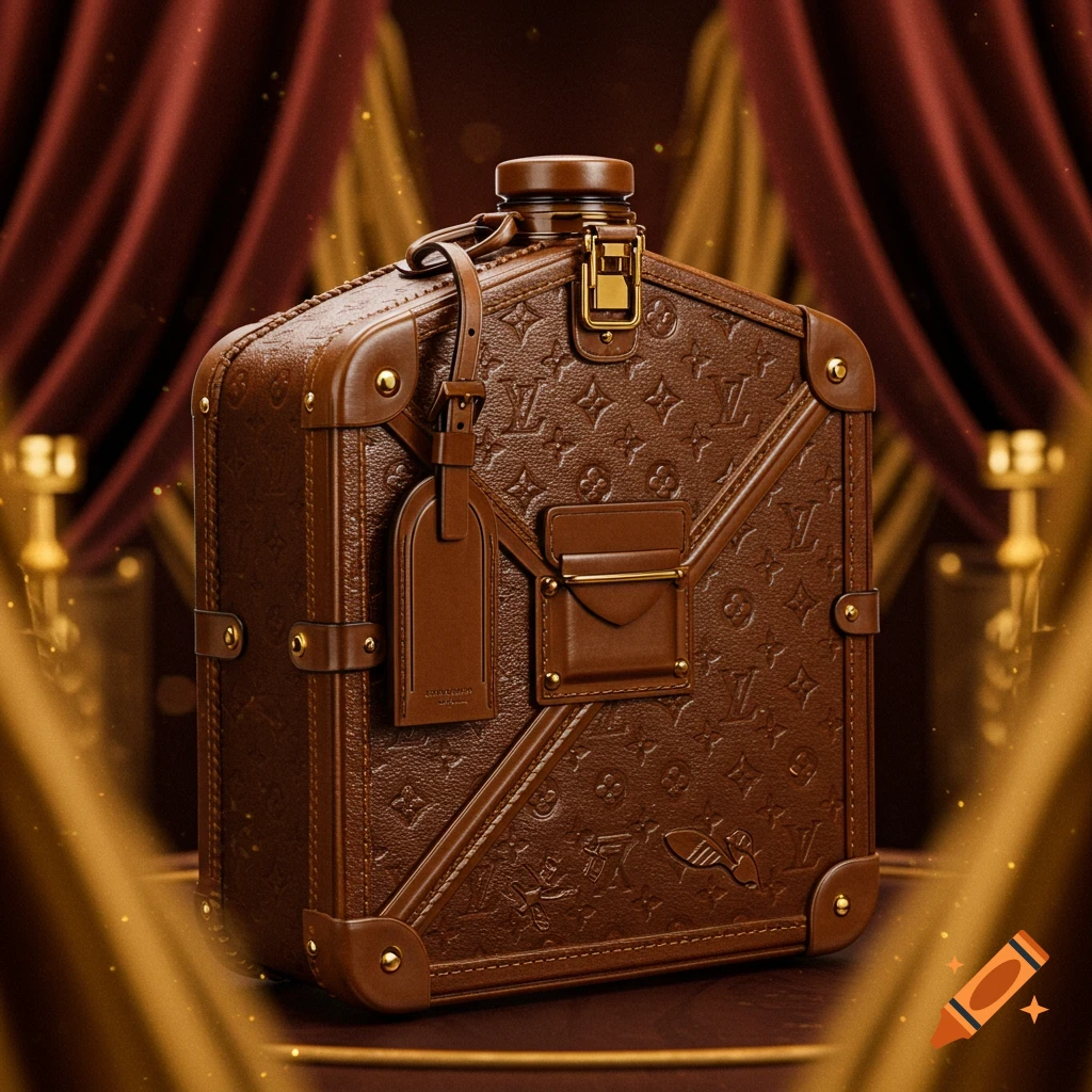 A brown leather flask-like trunk with embossed luxury patterns, gold hardware, and a tag, set against a backdrop of red and gold drapes.