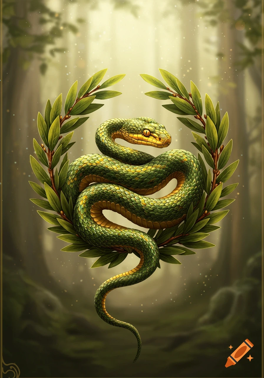 A detailed green and yellow snake coiled around a green laurel wreath, set against a softly lit forest background in an illustrative style.
