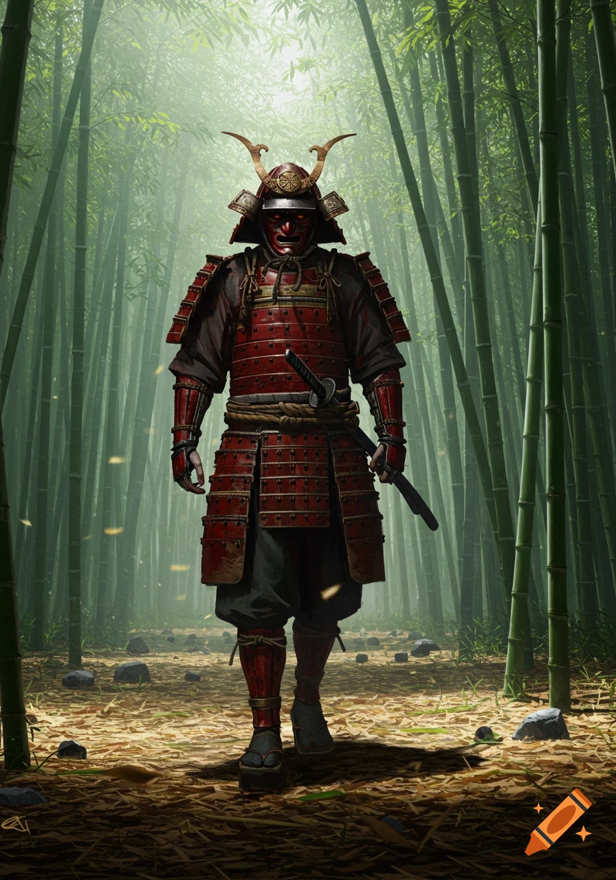 A samurai warrior in red and black armor, mask, and sandals walks through a misty bamboo forest, carrying a katana.