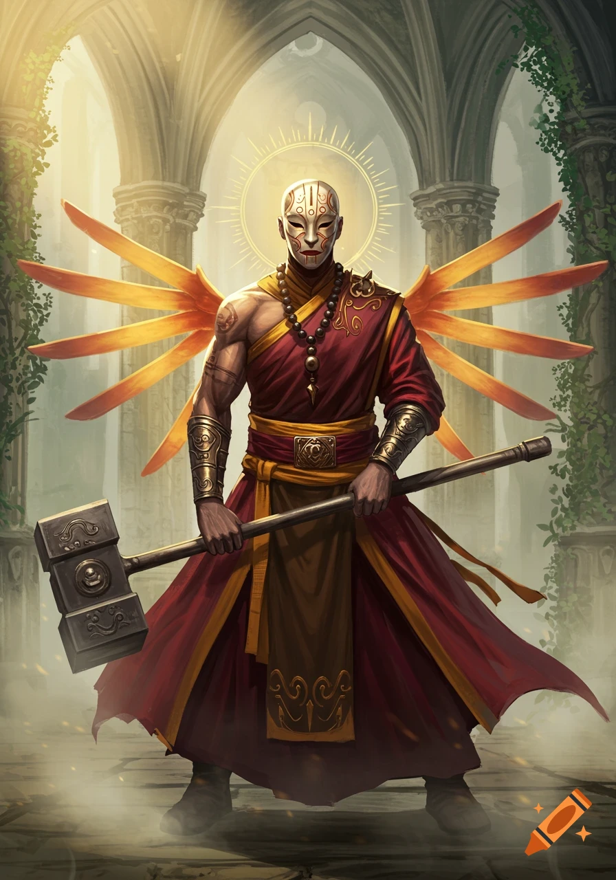 A masked monk in red robes with golden wings holds a sledgehammer, standing in a sunlit gothic ruin.