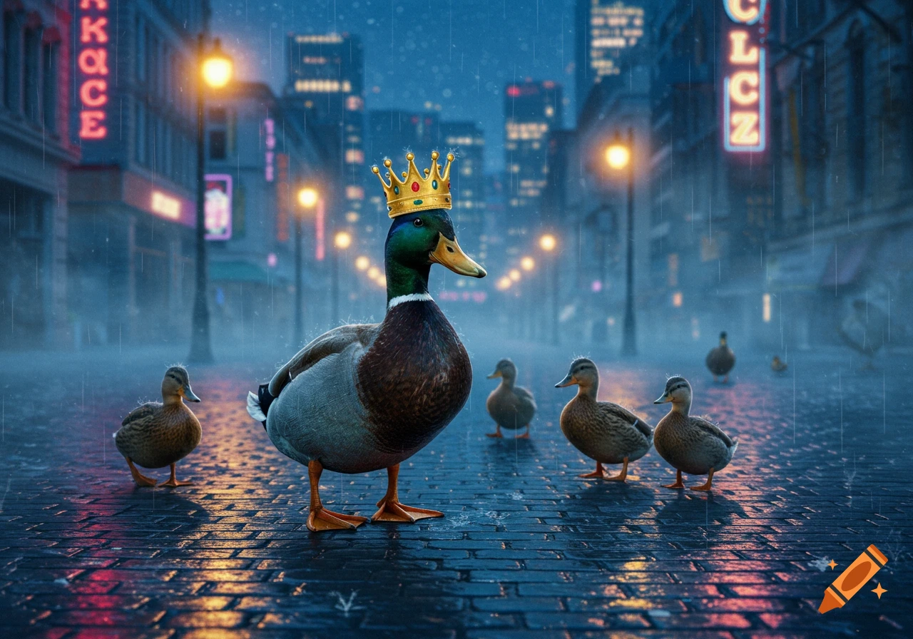 A large duck wearing a golden crown stands on a wet city street at night, illuminated by neon lights and streetlamps, with several smaller ducks behind it.