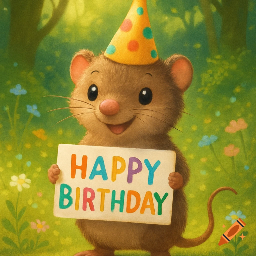 A cute brown mouse wearing a yellow party hat holds a sign that says 'HAPPY BIRTHDAY' in a green forest with flowers.