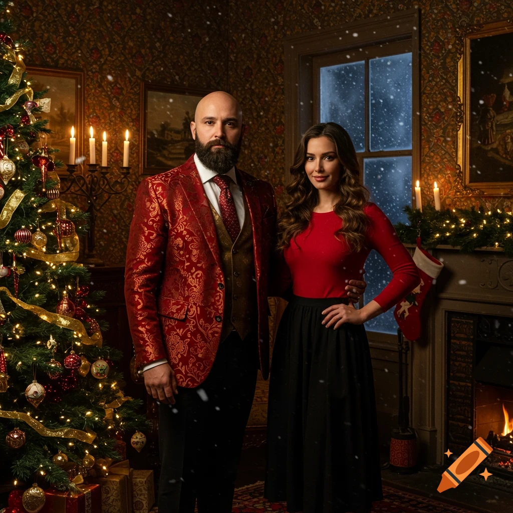 A man in a red jacket and a woman in a red top stand by a Christmas tree in a Victorian home with a snowy window.