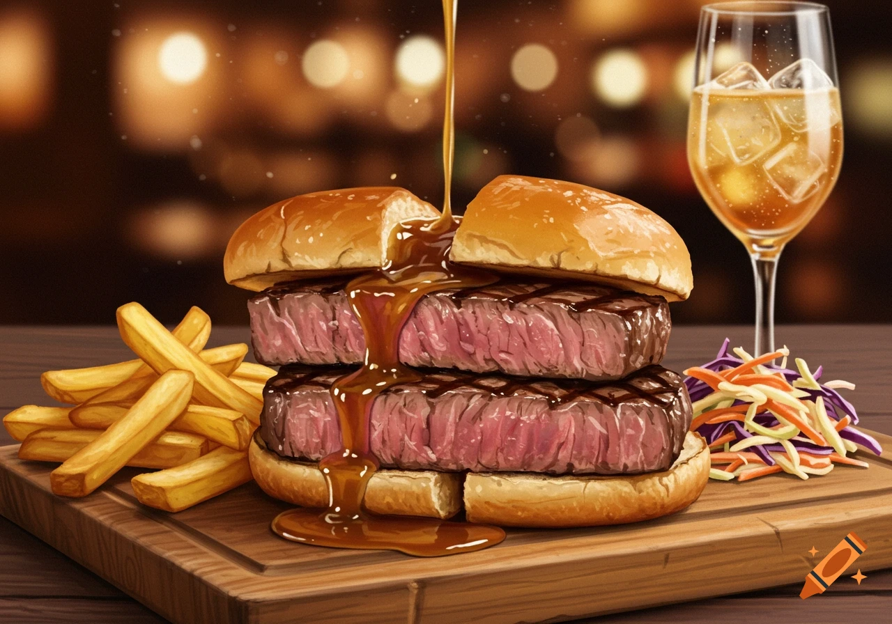 A double steak sandwich with gravy, fries, coleslaw, and a drink on a wooden board.