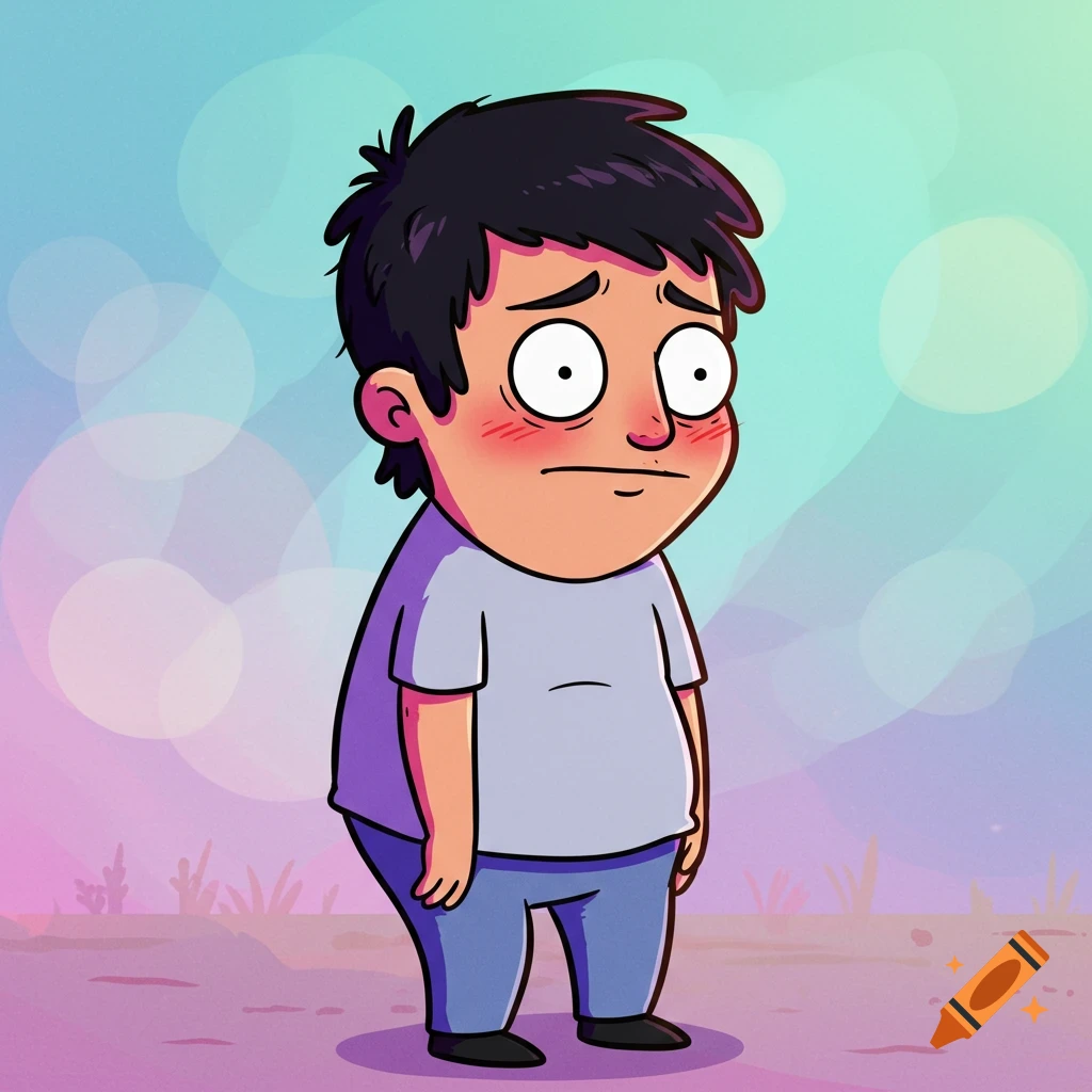 A cartoon boy resembling Gene Belcher blushes shyly, standing against a colorful, blurry background.