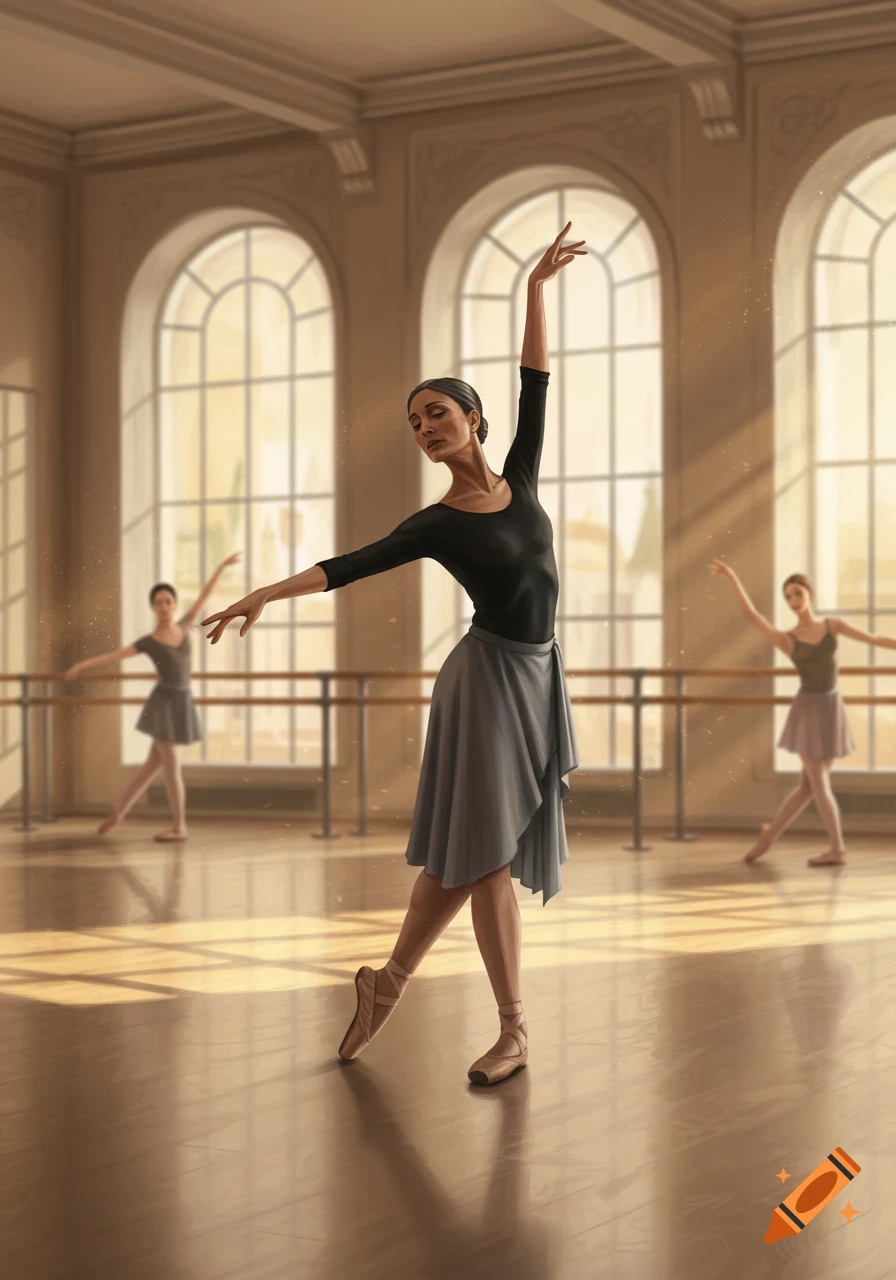 Illustrated image of a ballerina practicing in a sunlit ballet studio, with two other dancers in the background.