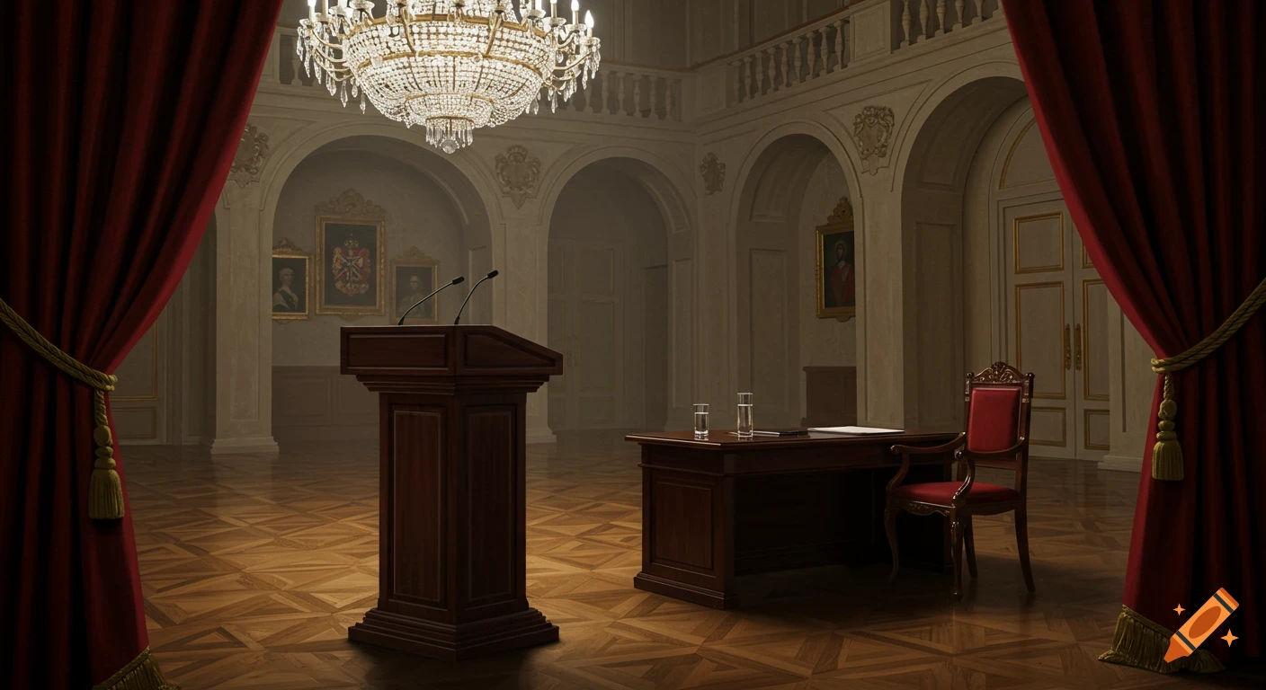 An opulent, empty grand hall with a wooden podium and desk, framed by red velvet curtains, under a large crystal chandelier.