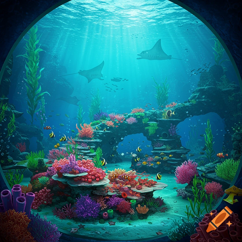 Vibrant underwater scene viewed through a porthole, with colorful corals, various fish, and manta rays swimming in clear blue water with sunbeams.
