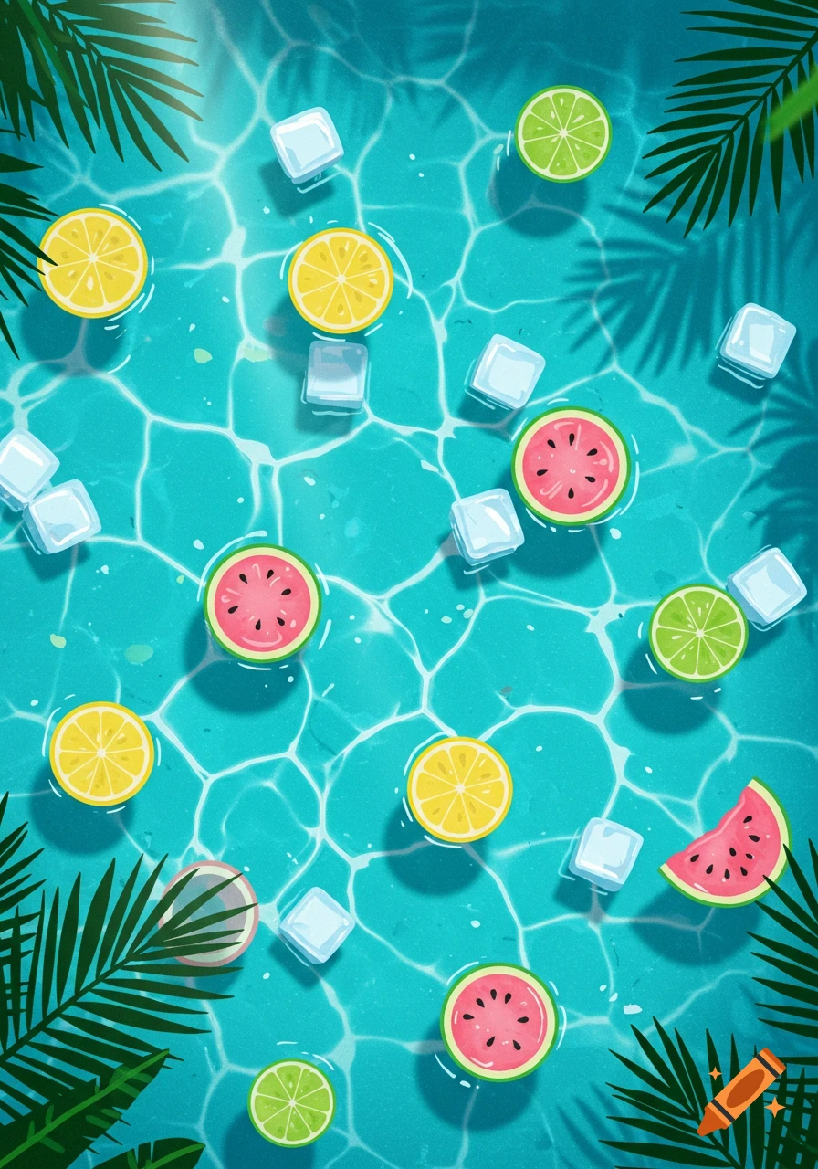 Overhead view of a swimming pool with floating lemon, lime, and watermelon slices, ice cubes, and palm leaves.
