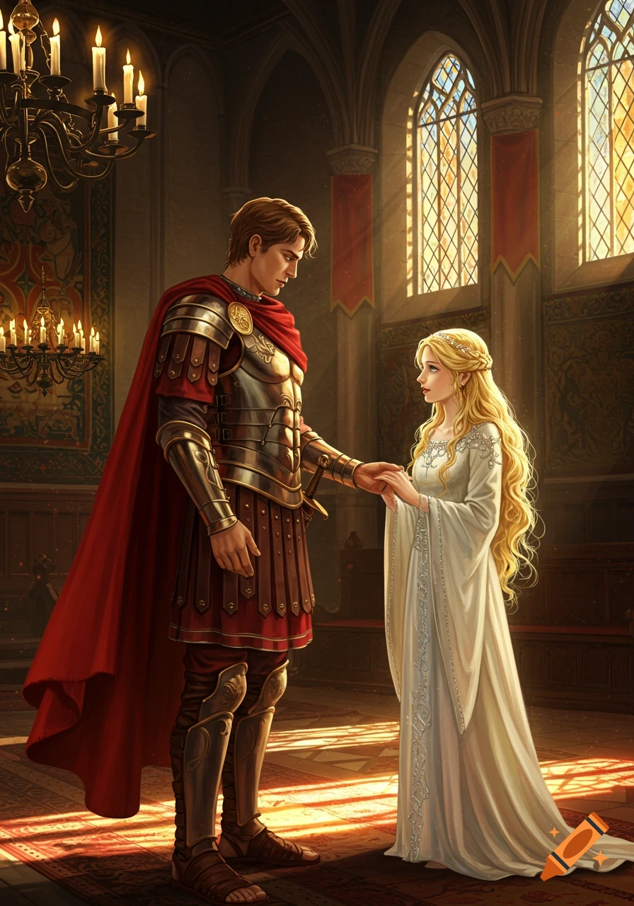 A Roman general in armor and a blonde maiden in a white gown hold hands in a sunlit grand hall.