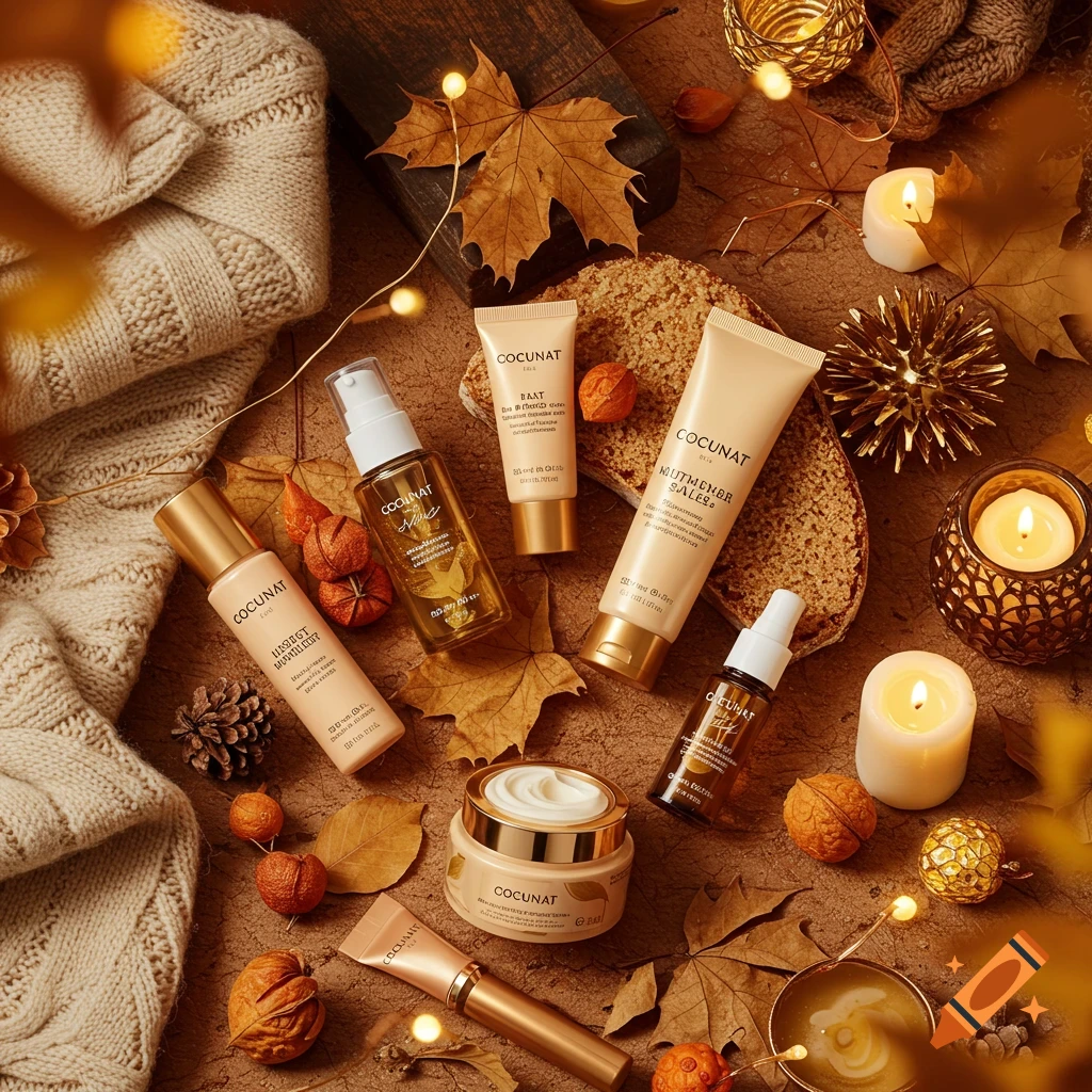 A flat lay of Cocunat beauty products, lit candles, autumn leaves, and a knitted blanket on a brown surface.