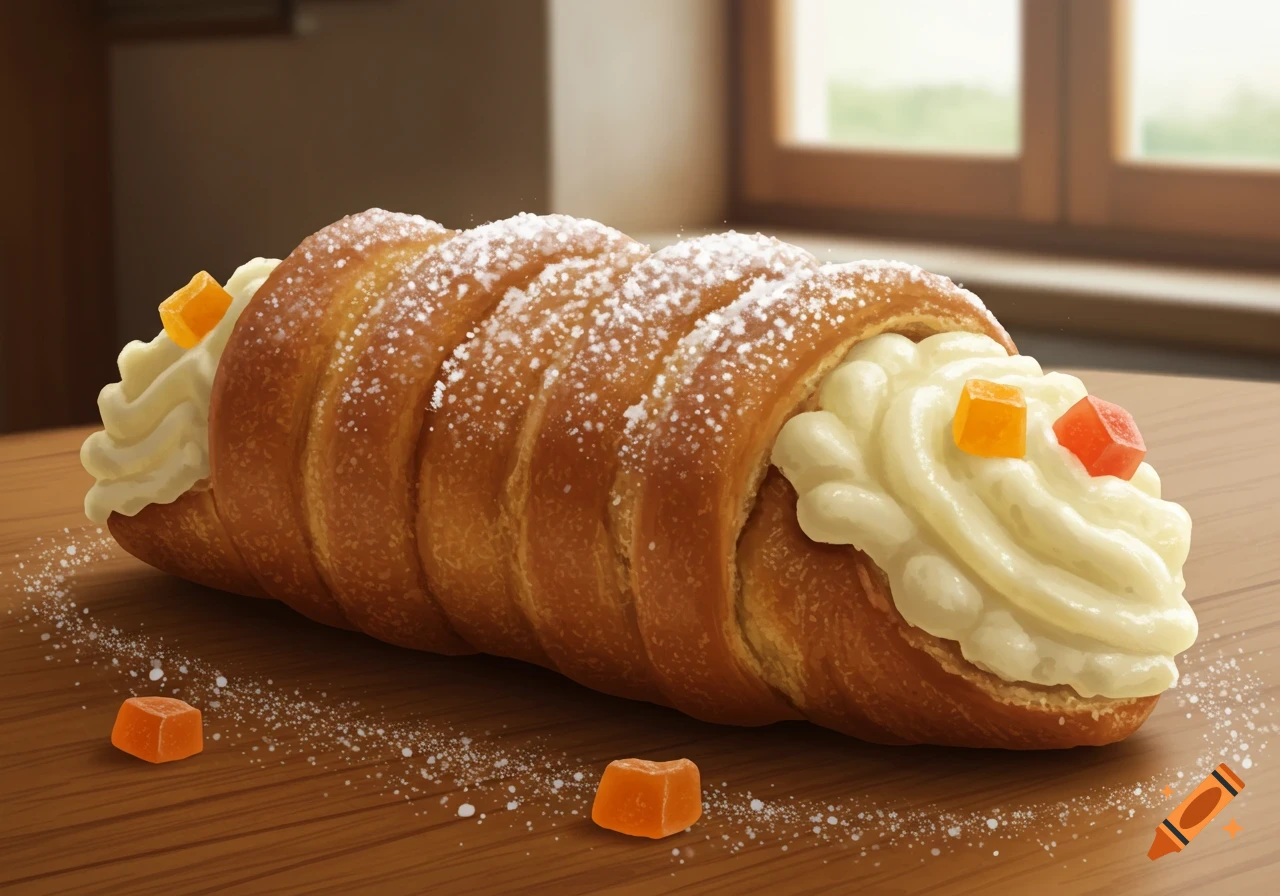 Large cream-filled pastry dusted with powdered sugar and garnished with colorful candies on a wooden table.