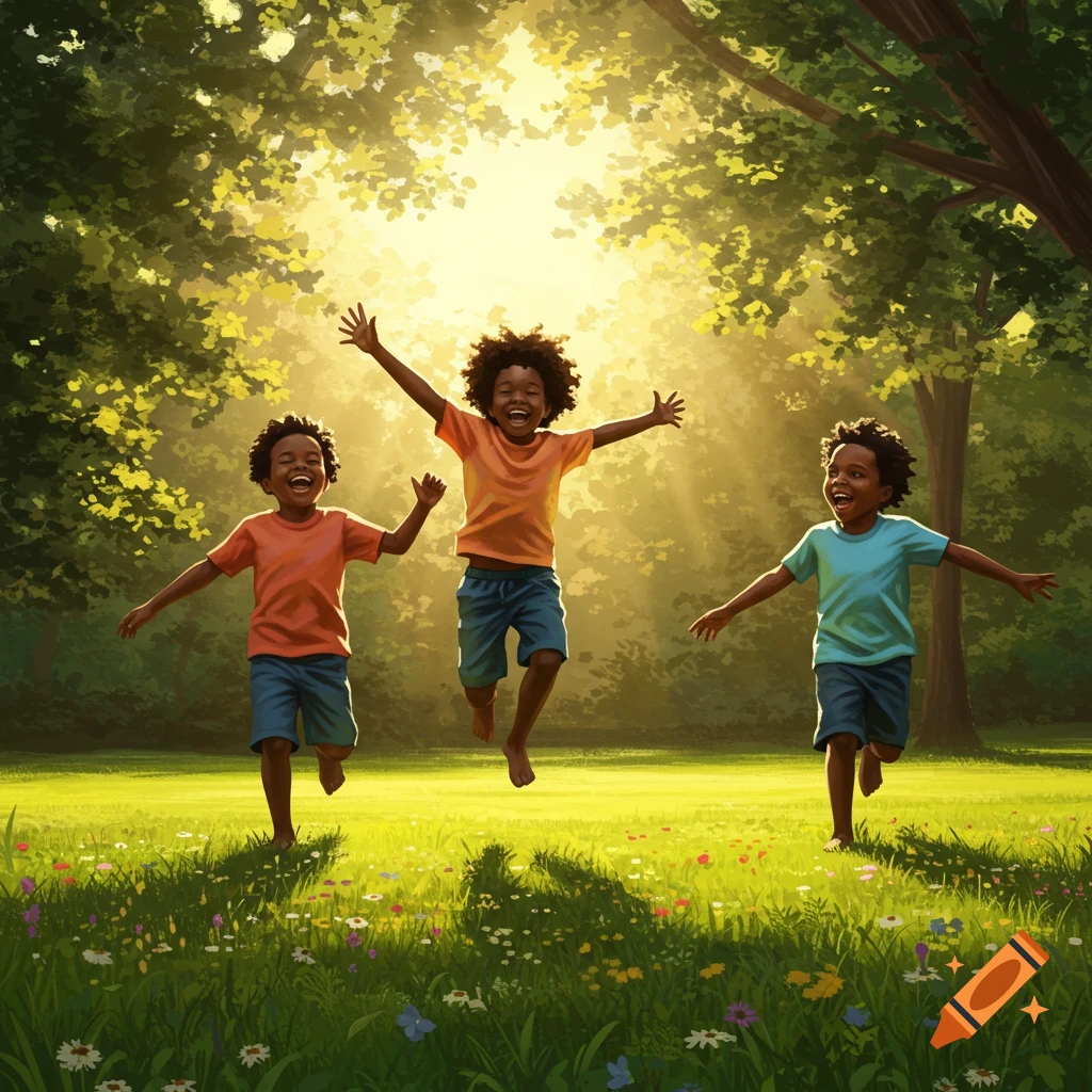 Three joyful Black boys running and jumping in a sunlit park with green grass, trees, and wildflowers in a painterly style.