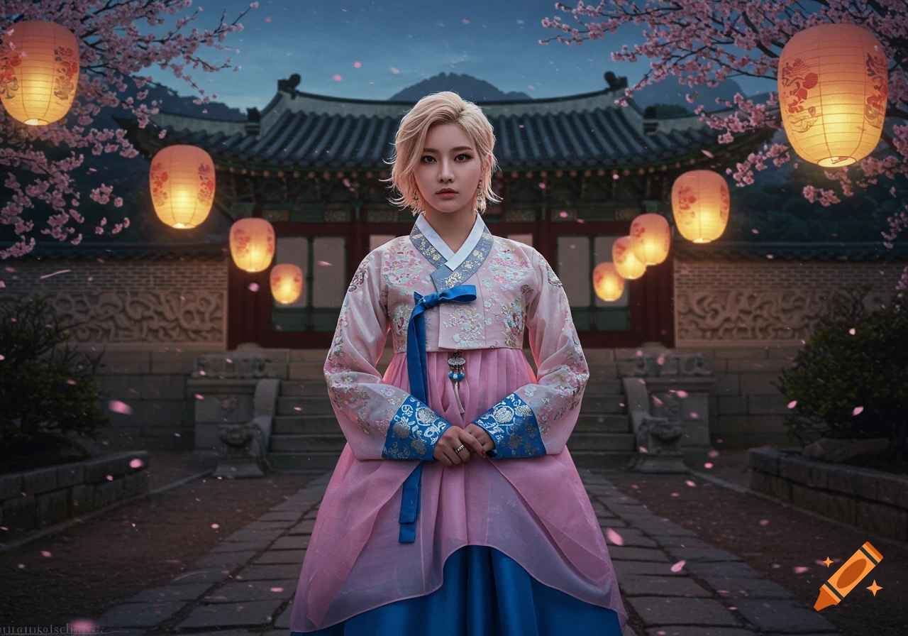 A blonde woman in a pink and blue hanbok stands centered before traditional Korean architecture, illuminated lanterns, and falling cherry blossoms at dusk.