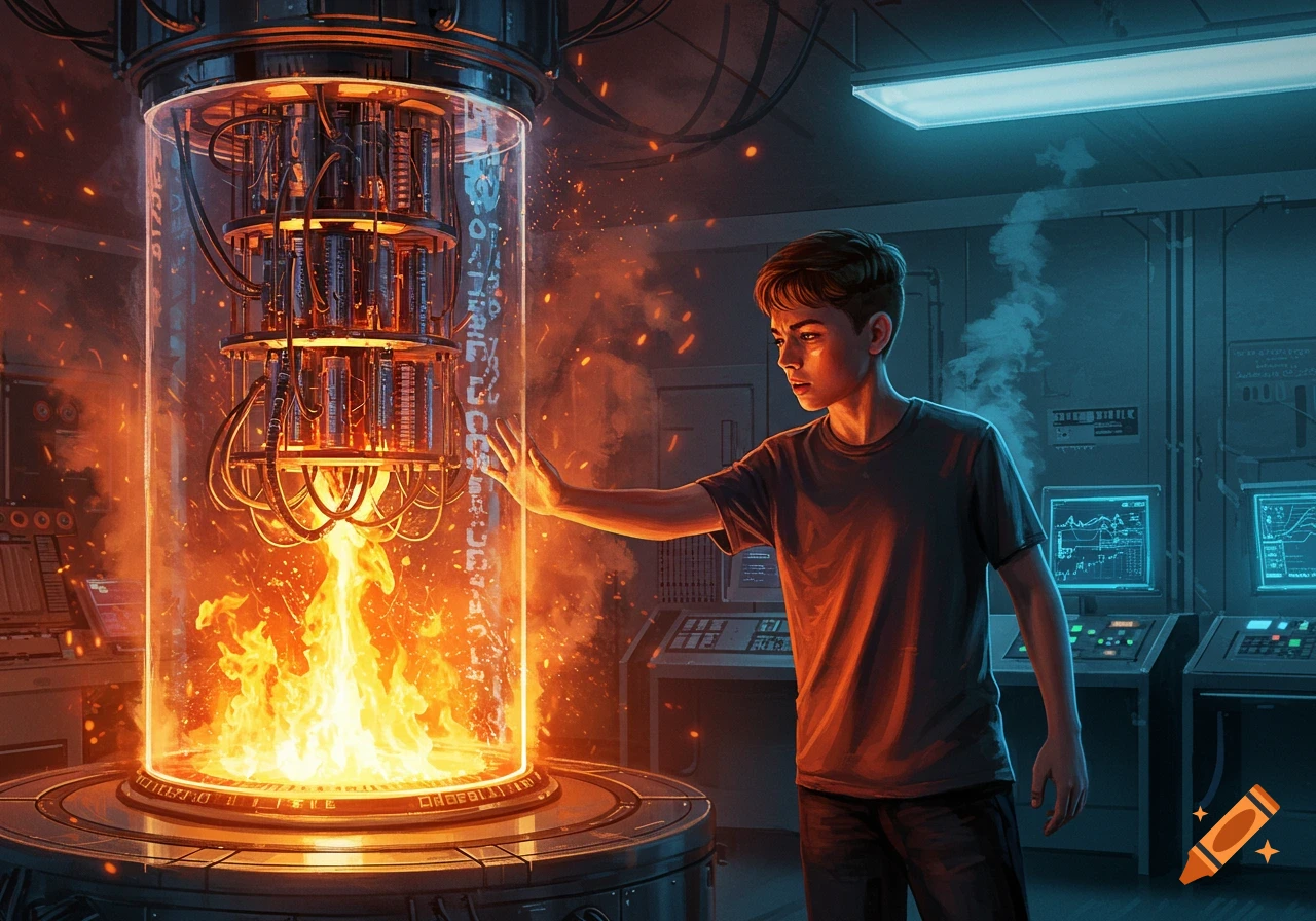A boy touches a glowing, fiery quantum computer in a dark, futuristic laboratory, with sparks flying.