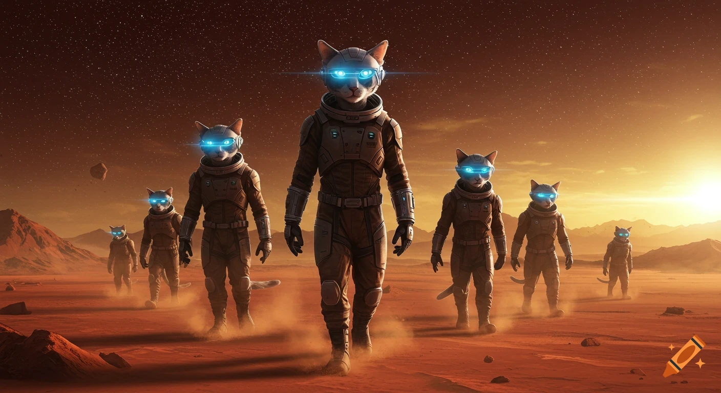 A squad of cats in detailed military space suits patrols the red, dusty surface of Mars as the sun sets.