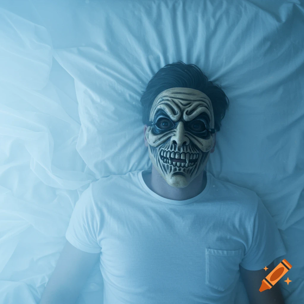Top-down shot of a man wearing a creepy Halloween mask, lying on a bed with blue hazy lighting.