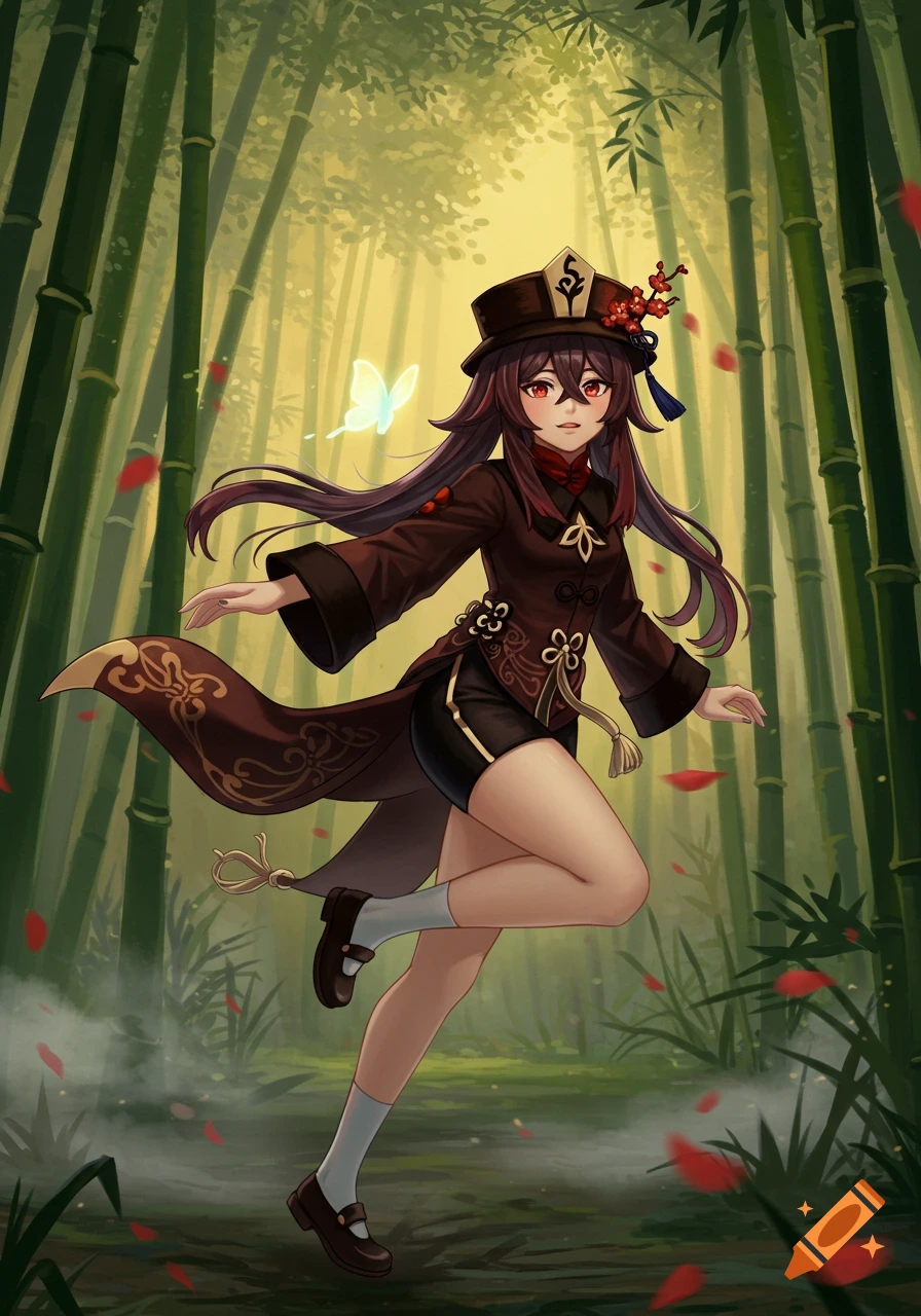 Anime illustration of Hu Tao in a bamboo forest with a glowing butterfly and falling red petals.