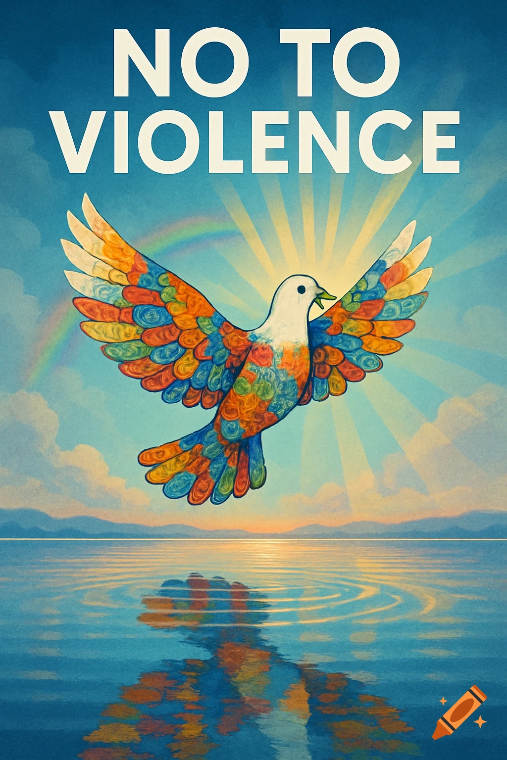 Stylized illustration of a colorful dove flying over water with a rainbow, sun rays, and 'NO TO VIOLENCE' text.