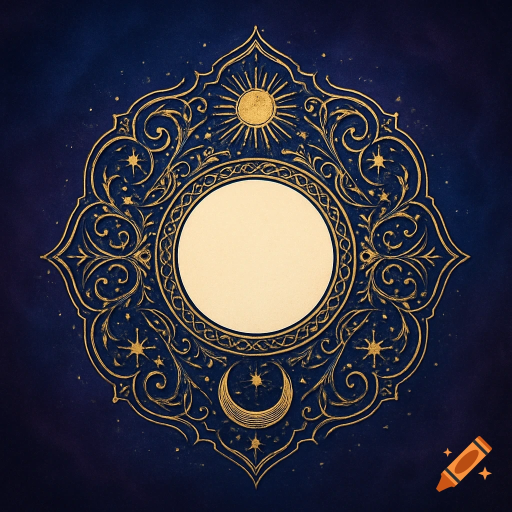 Ornate golden spiritual graphic with sun, moon, and stars on a deep blue background, centered with a blank cream circle.
