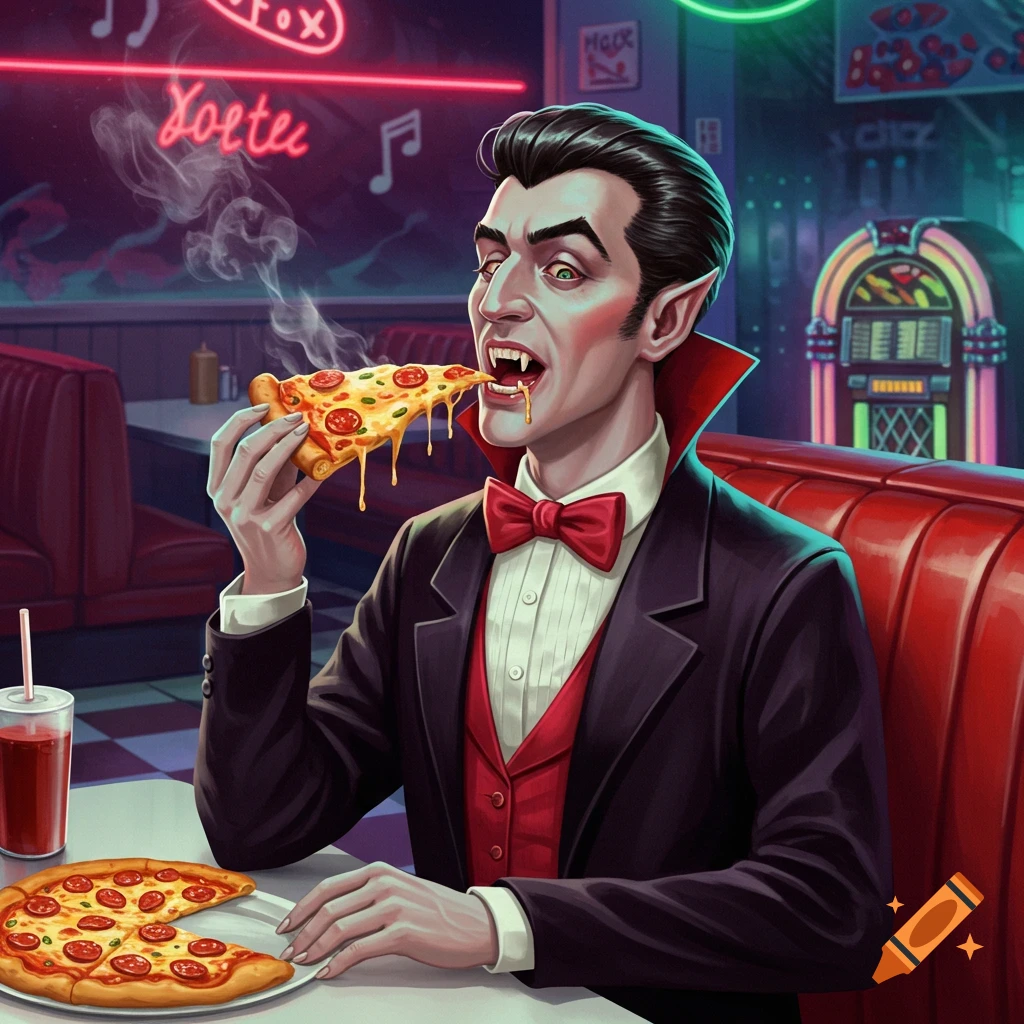 A retro-styled vampire with fangs eats a slice of cheesy pizza in a neon-lit diner.