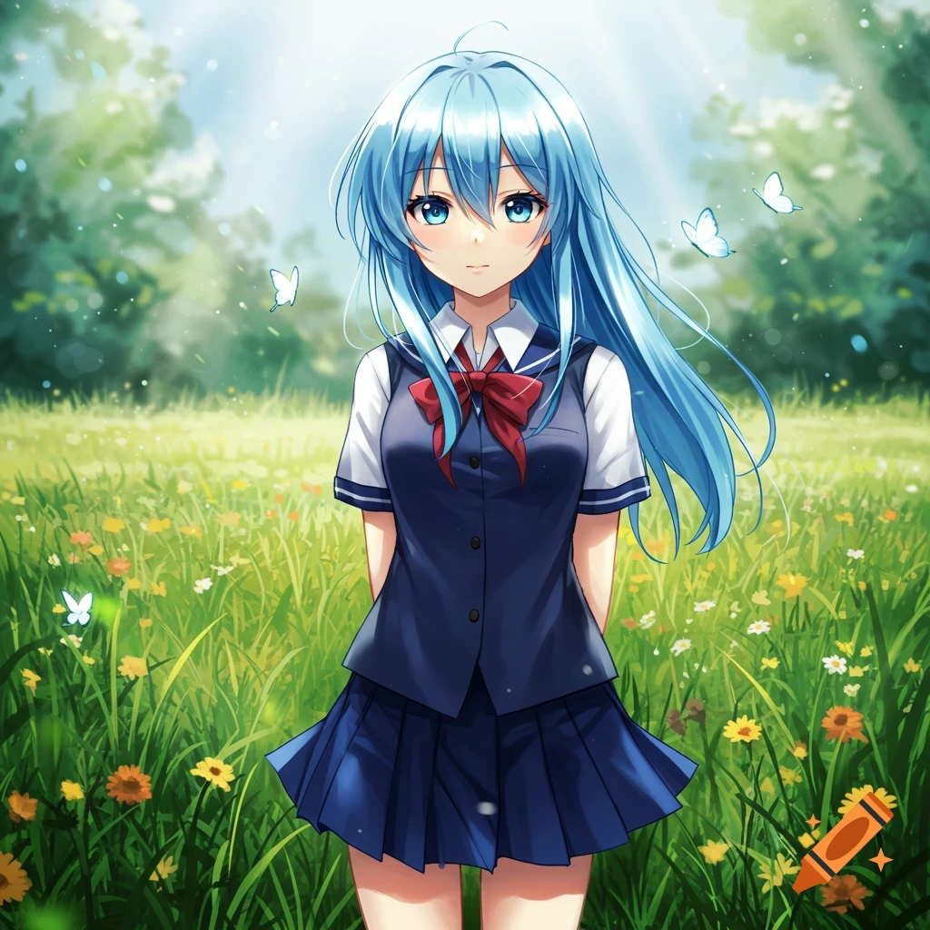 Anime girl with long blue hair and blue eyes, wearing a white shirt with a red bow and a dark blue school uniform, stands in a sunny field of wildflowers with butterflies.