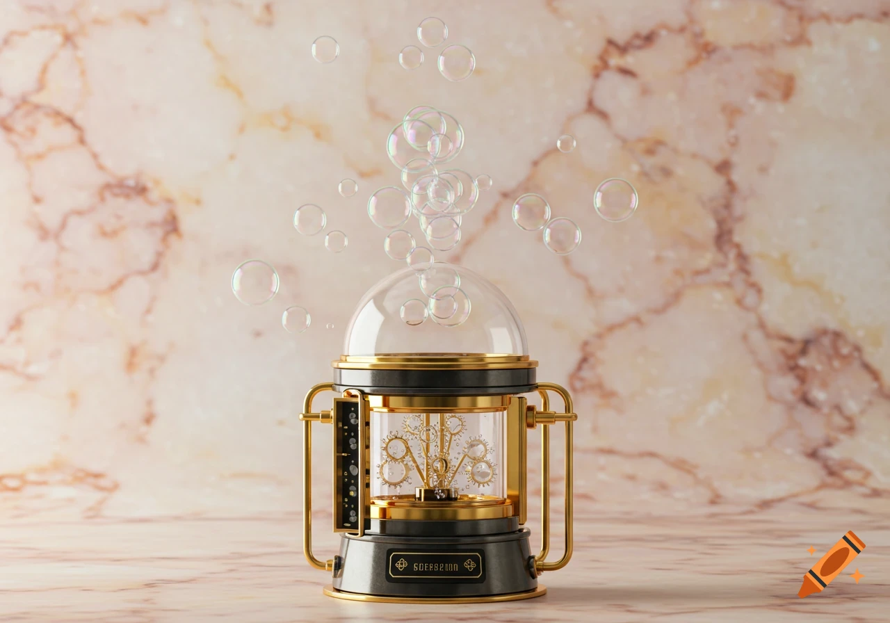 A gold and dark metal steampunk-style bubble machine with visible gears, emitting numerous bubbles against a light marble background.