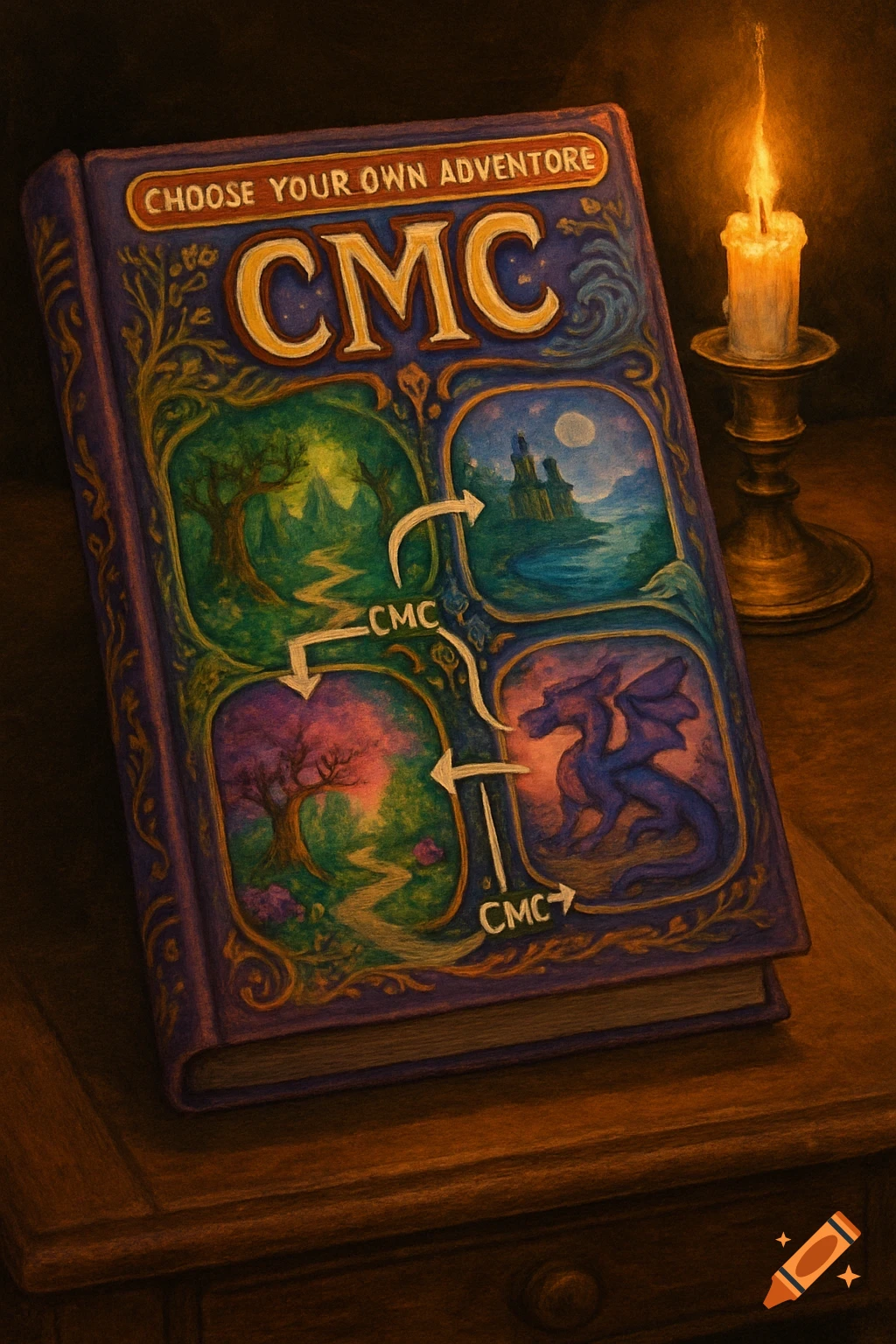An intricately illustrated fantasy choose-your-own-adventure book with magical scenes and "CMC" labels, next to a lit candle on a wooden table.