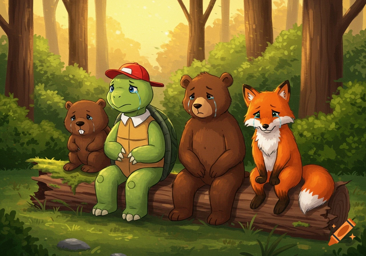 Franklin the turtle, beaver, bear, and fox sit on a log in a forest, crying, in a children's illustration.