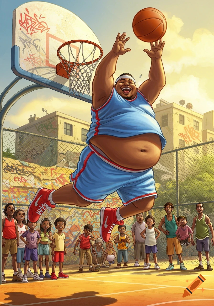 A vibrant cartoon illustration shows a cheerful, overweight man attempting to dunk a basketball on an outdoor court, surrounded by watching children.