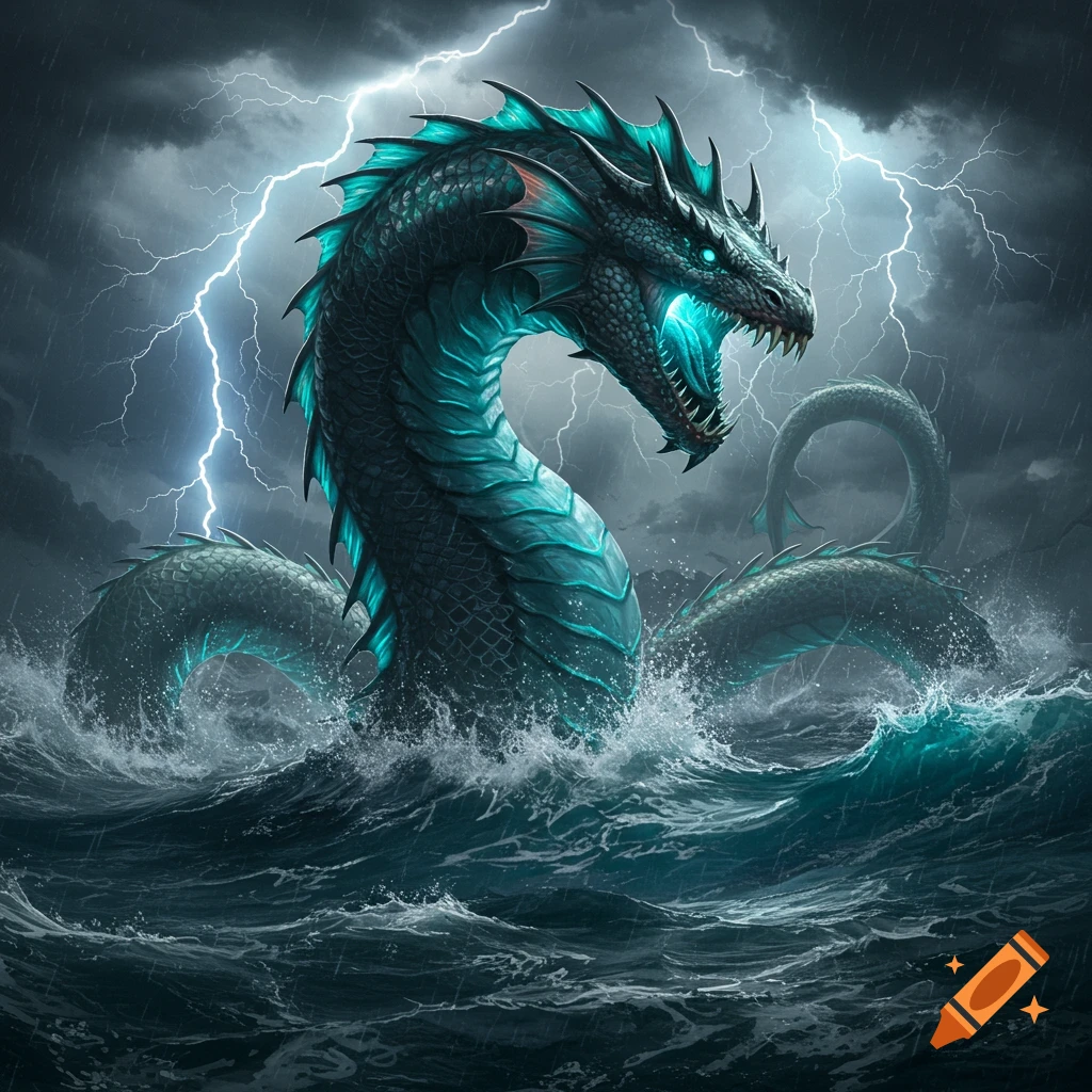 A massive glowing blue-green sea serpent emerges from dark, stormy ocean waves under lightning-filled skies.