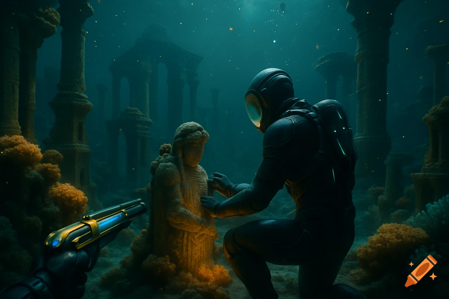 A futuristic diver kneels, touching an ancient statue amidst glowing underwater ruins while holding a high-tech weapon.