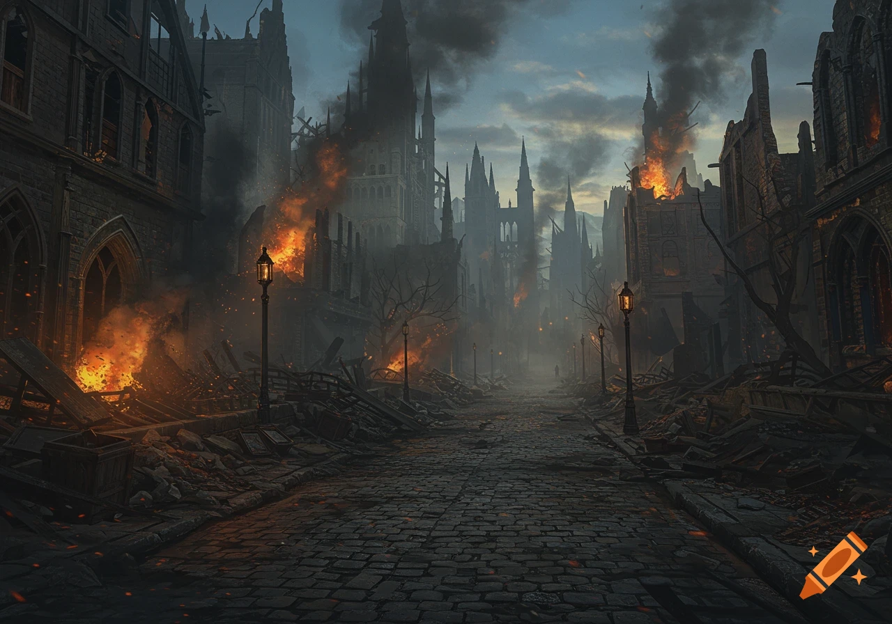 A dark, ruined fantasy city street burns, with smoke and rubble from destroyed buildings under a twilight sky.
