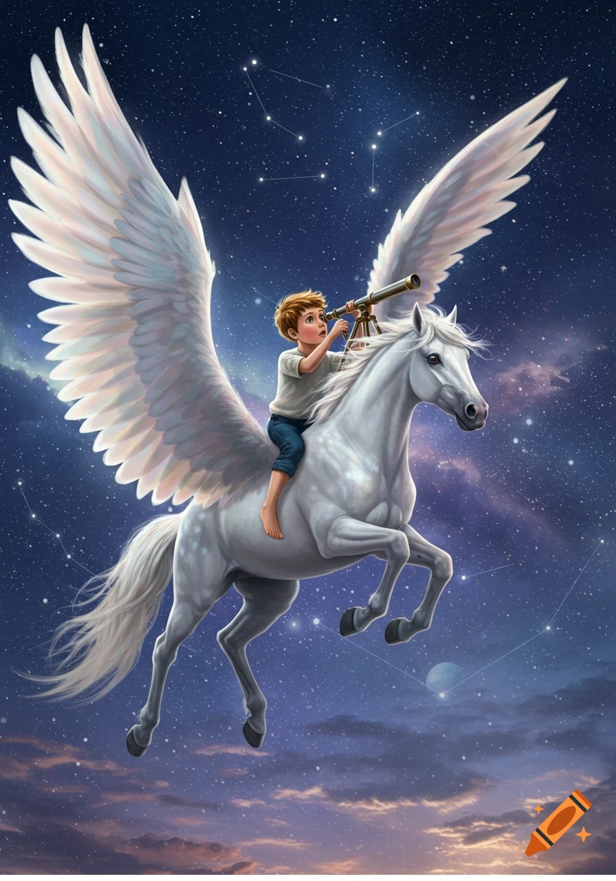 An illustration of a young boy riding a white Pegasus through a starry night sky, looking through a telescope at constellations.