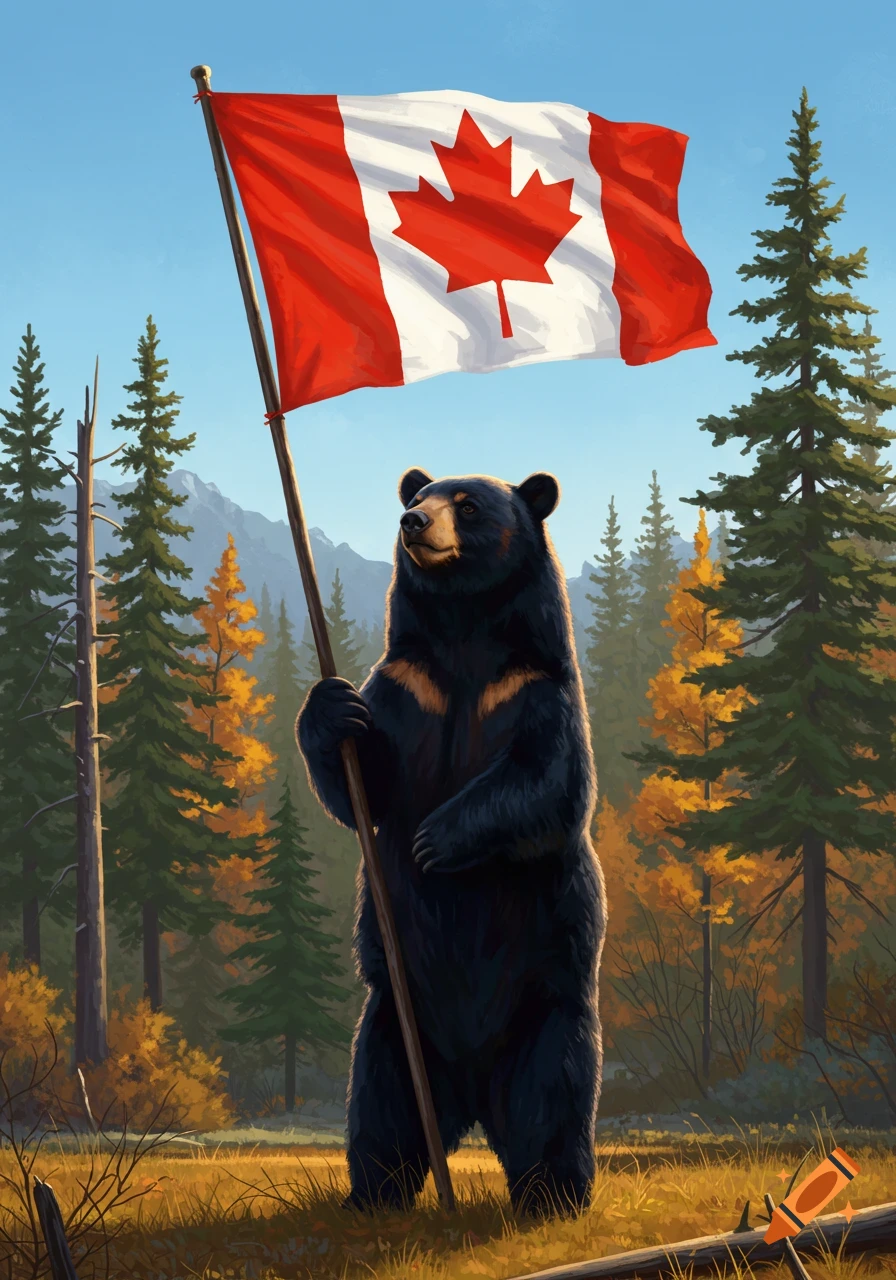A black bear stands upright in an autumn forest, holding a Canadian flag on a pole, digital illustration.