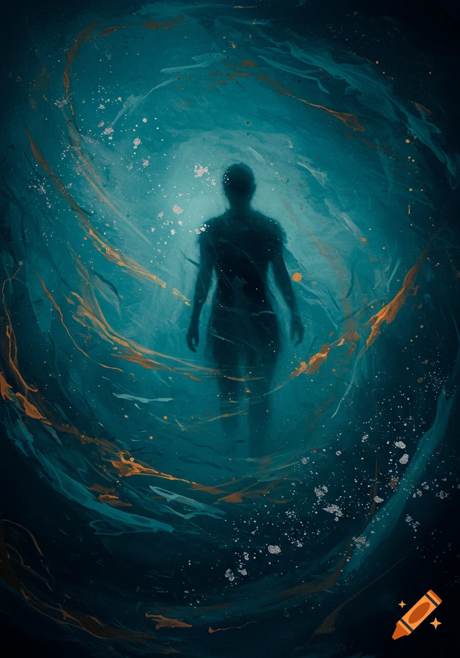 Silhouette of a person in a swirling teal and gold abyss with silver specks, conveying a mysterious, abstract art style.