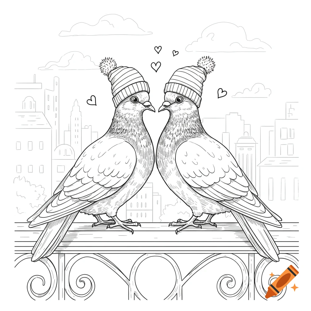 Line art drawing of two pigeons wearing striped beanies, facing each other with hearts above, on a city railing.