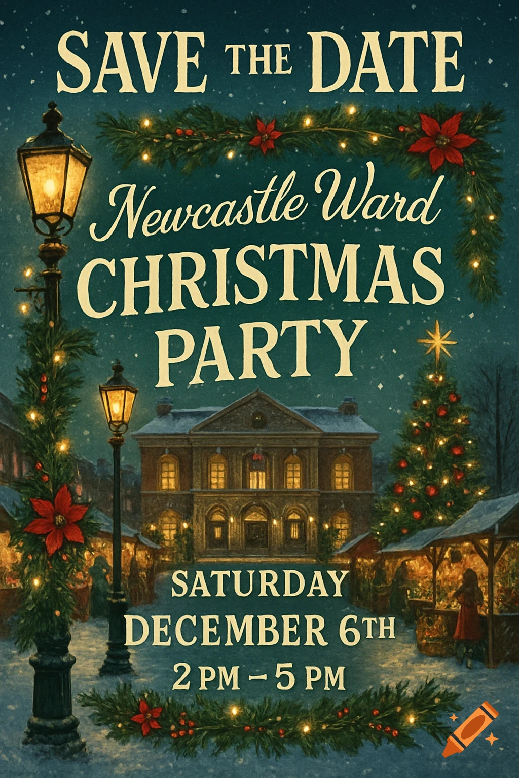A festive save-the-date poster for a Christmas party in a snowy town square with a grand building, market stalls, and a decorated Christmas tree.