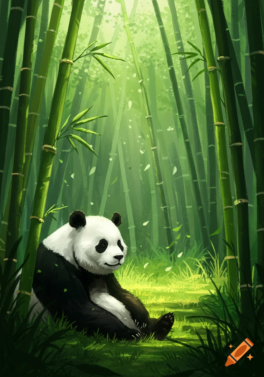 A cute cartoon panda sits peacefully in a lush, sunlit bamboo forest with dappled light filtering through the canopy.