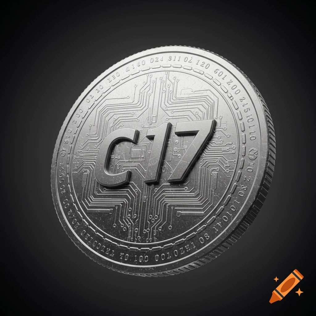 A detailed, photorealistic 3D render of a silver coin featuring 'C17' and a circuit board pattern.