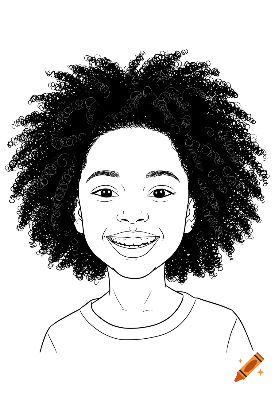 Line art illustration of a smiling Black girl with natural curly hair, in a coloring book style.
