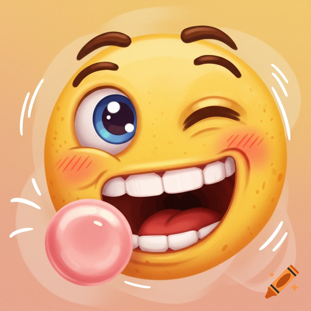 A winking yellow emoji laughing with an open mouth while blowing a pink bubblegum bubble.