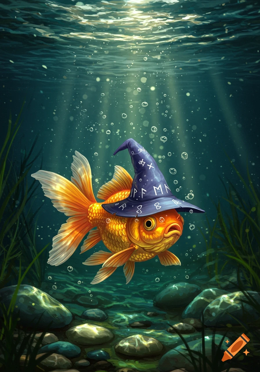 An illustration of a goldfish wearing a purple wizard hat with runes, swimming underwater with sunlight dappling through the surface.