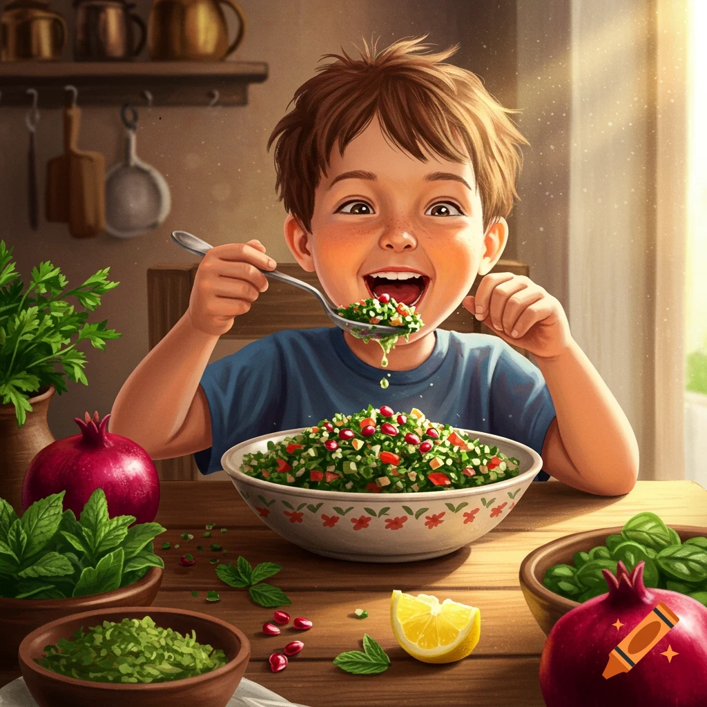 A happy boy in a kitchen eagerly eats a spoon of tabbouleh salad from a large bowl, surrounded by fresh ingredients.