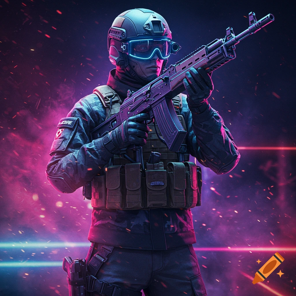 A soldier in dark tactical gear with glowing blue goggles holds a rifle, set against a dark background with pink and blue neon lights and sparks.